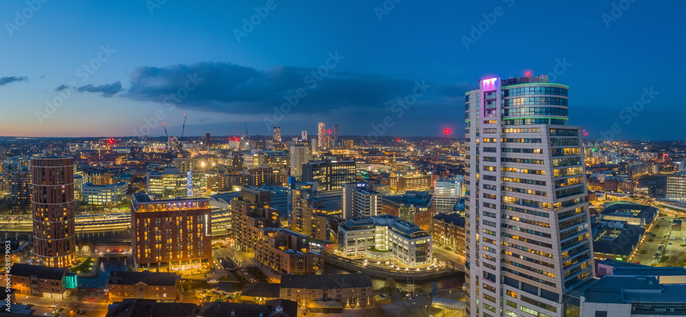 Leeds City Centre and Bridgewater Place. Yorkshire Northern England United Kingdom. City centre at dusk, night lights aerial view