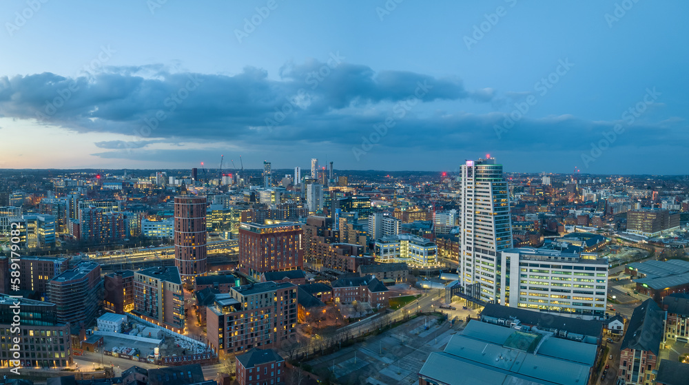 Leeds City Centre and Bridgewater Place looking towards the train station. Yorkshire Northern England United Kingdom.	Aerial view of Leeds Skyline. 