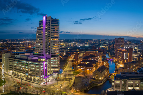 Leeds City Centre and Bridgewater Place. Yorkshire Northern England United Kingdom. City centre at dusk, night lights aerial view