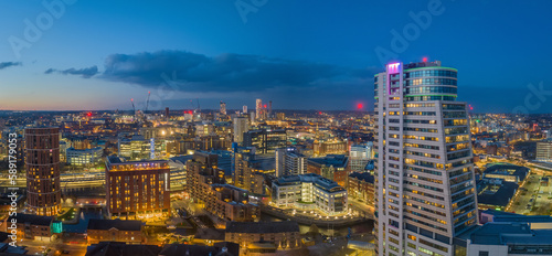 Leeds City Centre and Bridgewater Place. Yorkshire Northern England United Kingdom. City centre at dusk  night lights aerial view