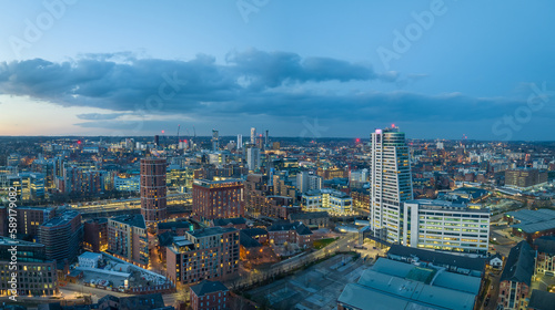 Leeds City Centre and Bridgewater Place looking towards the train station. Yorkshire Northern England United Kingdom. Aerial view of Leeds Skyline. 