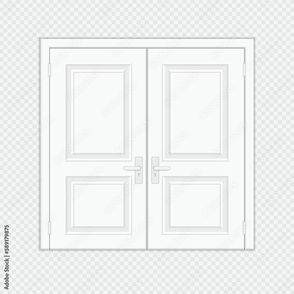 Closed entrance door with frame. Realistic style. White interior wooden doors on transparent background. Vector illustration EPS 10. Closed entrance door with frame. Realistic style. White interior wooden doors on transparent background. Vector illustration EPS 10.