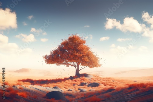 Lone tree in desert landscape in autumn, Generative AI