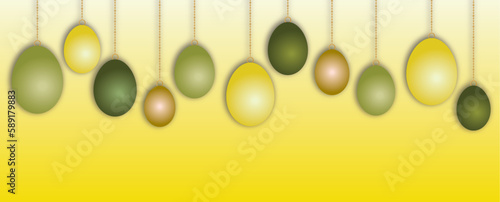 Cheerful Easter banner with yellow and green eggs on a yellow background