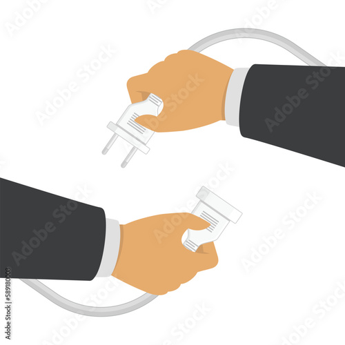 Hands disconnecting electrical plug. Business connection concept. Partnership. Two hands trying to disconnect electric plug together. Vector illustration in flat style.