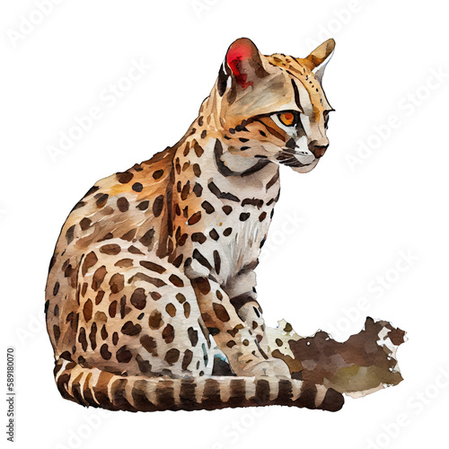 Ocelot illustration watercolor with transparent background. Generative AI