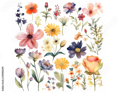 Set collection of hand-painted watercolor flowers prepared for graphic designers, with vivid colors. It's perfect for designing wedding invitations or social media posts. Isolated on white background.