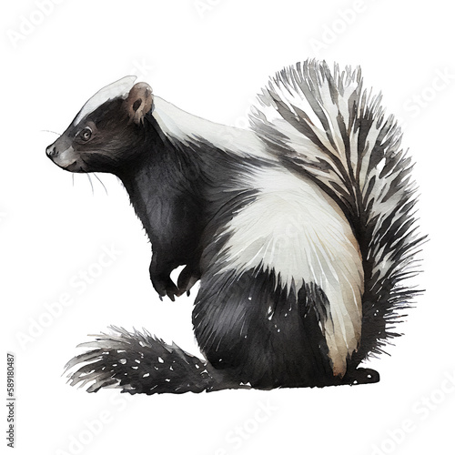 Skunk illustration watercolor with transparent background. Generative AI