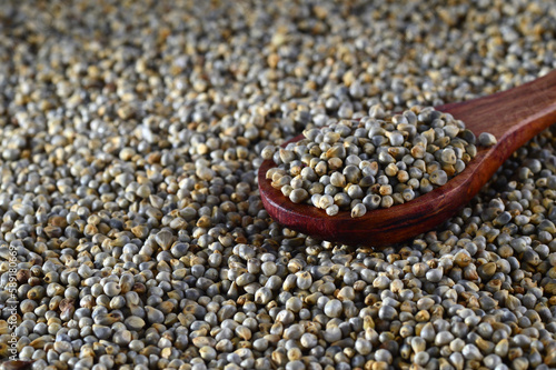 close up of Pearl Millet (Bajra) with wooden spoon. photo