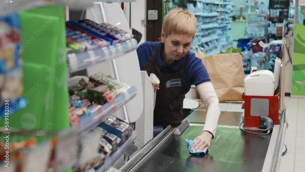 Mature cashier in uniform cleaning her workplace with rag standing behind the counter in supermarket Mature cashier in uniform cleaning her workplace with rag standing behind the counter in supermarket
