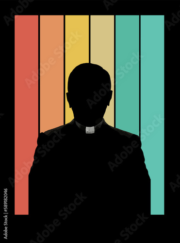 A Catholic priest is seen in a silhouette on a striped colored background. His white collar is seen in the silhouette to identify him as a priest. This is a vector.