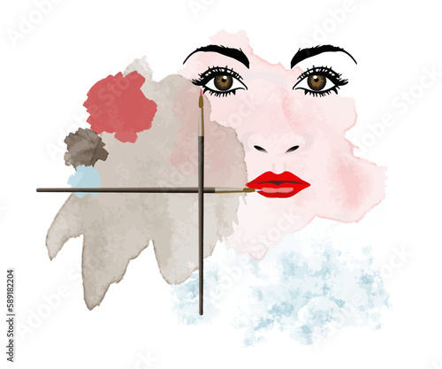 A woman’s face and a brush and make up are seen isolated on a white background in a vector image about skin and facial beauty.