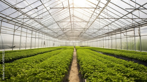green crops in a modern greenhouse, Generative AI