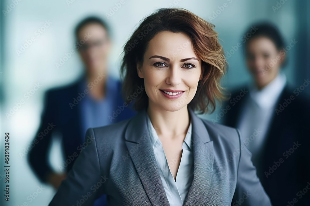 A picture of a happy businesswoman smiling at the camera with blurred scenes of offices and people. AI-generated images A picture of a happy businesswoman smiling at the camera with blurred scenes of offices and people. AI-generated images