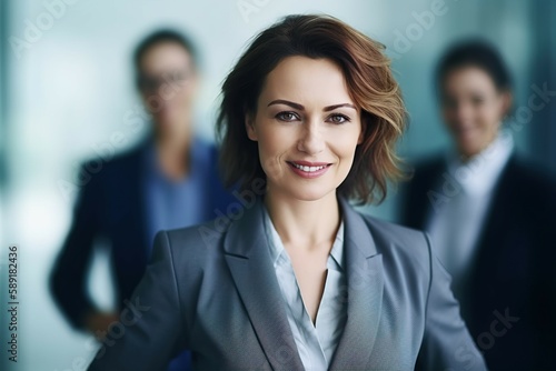 A picture of a happy businesswoman smiling at the camera with blurred scenes of offices and people. AI-generated images