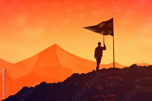 Silhouette Man Holding Flag While Standing On Mountain Against Orange Sky, Generative AI