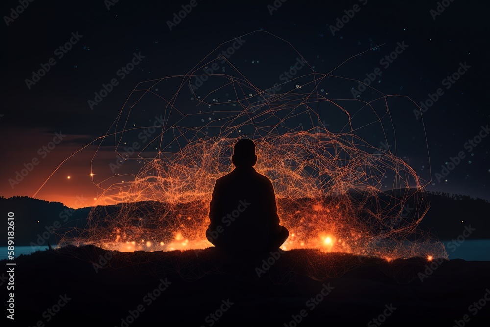 Silhouette Man Sitting By Bonfire At Night, Generative AI
