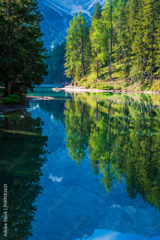 Fototapeta premium Dream Dolomites. Reflections on Lake Braies.