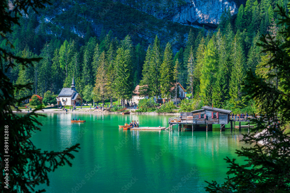Naklejka premium Dream Dolomites. Reflections on Lake Braies.