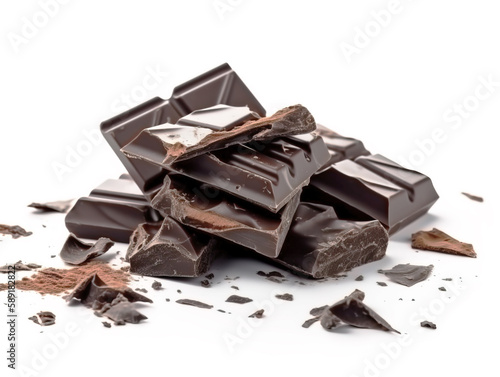 Pieces of dark chocolate isolated on white background.