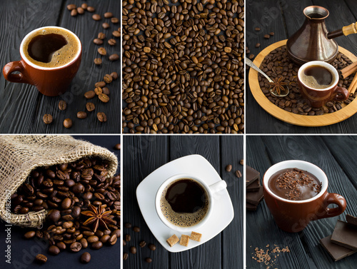 Coffee collage. Coffee cup and roasted coffee beans on the dark background. Close-up.