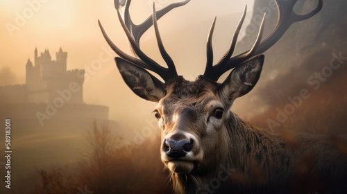 portrait head shot of a deer with an old castle at background, misty hills smokes, golden hours, generative ai © Anna Elizabeth