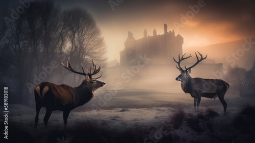 portrait head shot of a deer with an old castle at background  misty hills smokes  golden hours  generative ai
