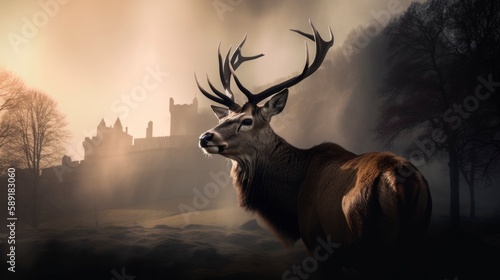 portrait head shot of a deer with an old castle at background  misty hills smokes  golden hours  generative ai