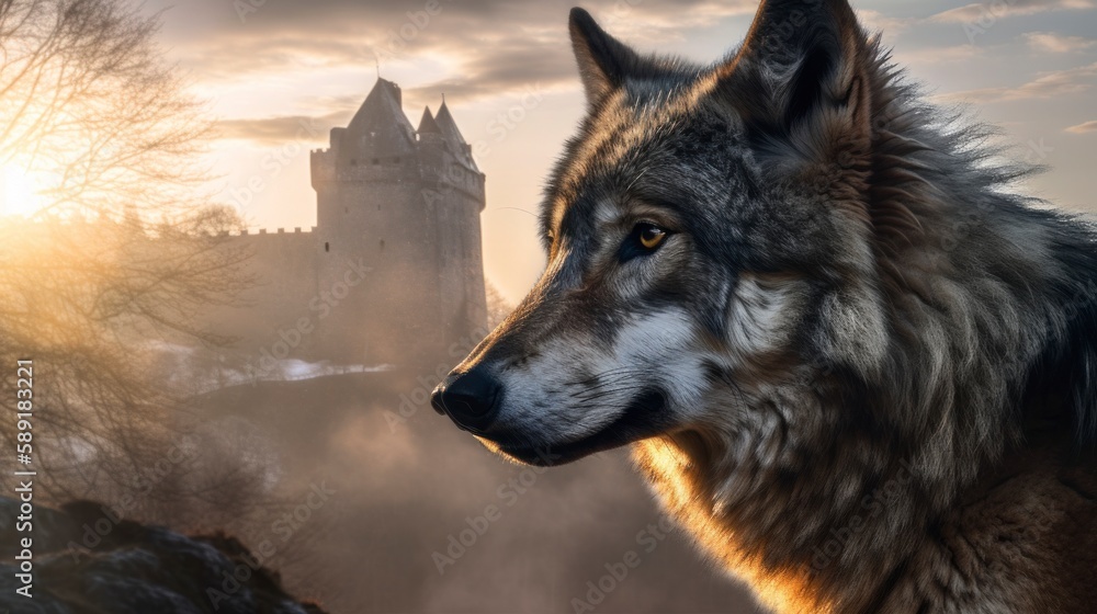 Fototapeta premium Golden Hours with a Fierce Grey Wolf: Majestic Head Shot against Old Castle and Misty Hills, in a Scenic Wilderness Portrait - Canis Lupus, Alpha Predator of Historic Ruins Medieval generative ai
