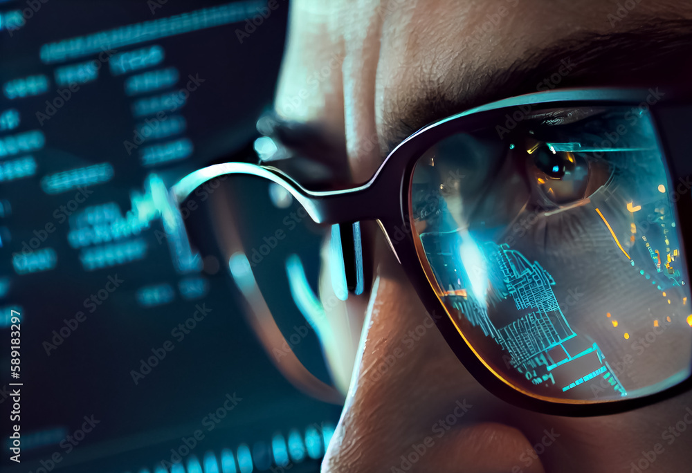 illustration of man glasses close up looking at chart graph on the screen in data centre. AI - obrazy, fototapety, plakaty 