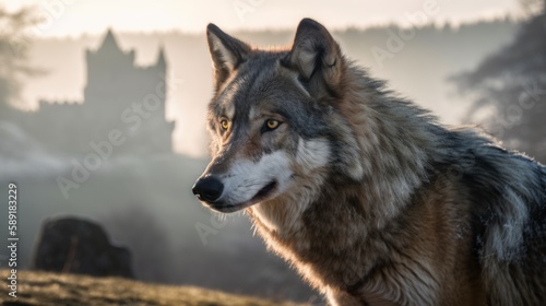 portrait head shot of a grey wolf with an old castle at background  misty hills smokes  golden hours  generative ai