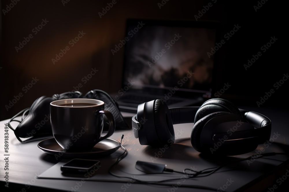 Still life of black coffee, headphones and laptop, Generative AI Still life of black coffee, headphones and laptop, Generative AI