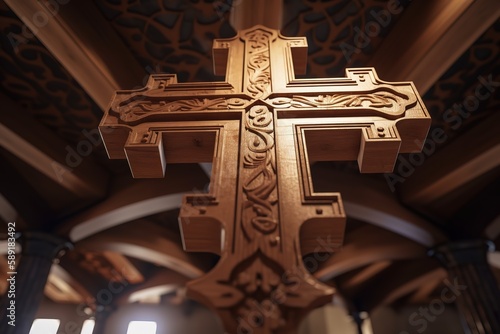 Low Angle View Of Wooden Cross With Crown Against Ceiling, Generative AI