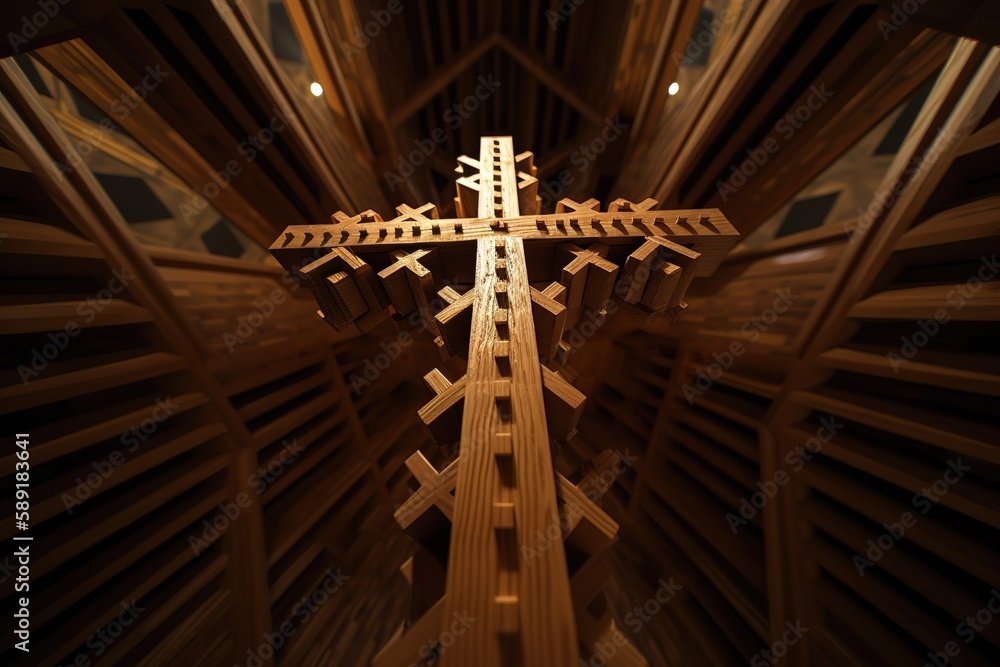 Low Angle View Of Wooden Cross With Crown Against Ceiling, Generative AI