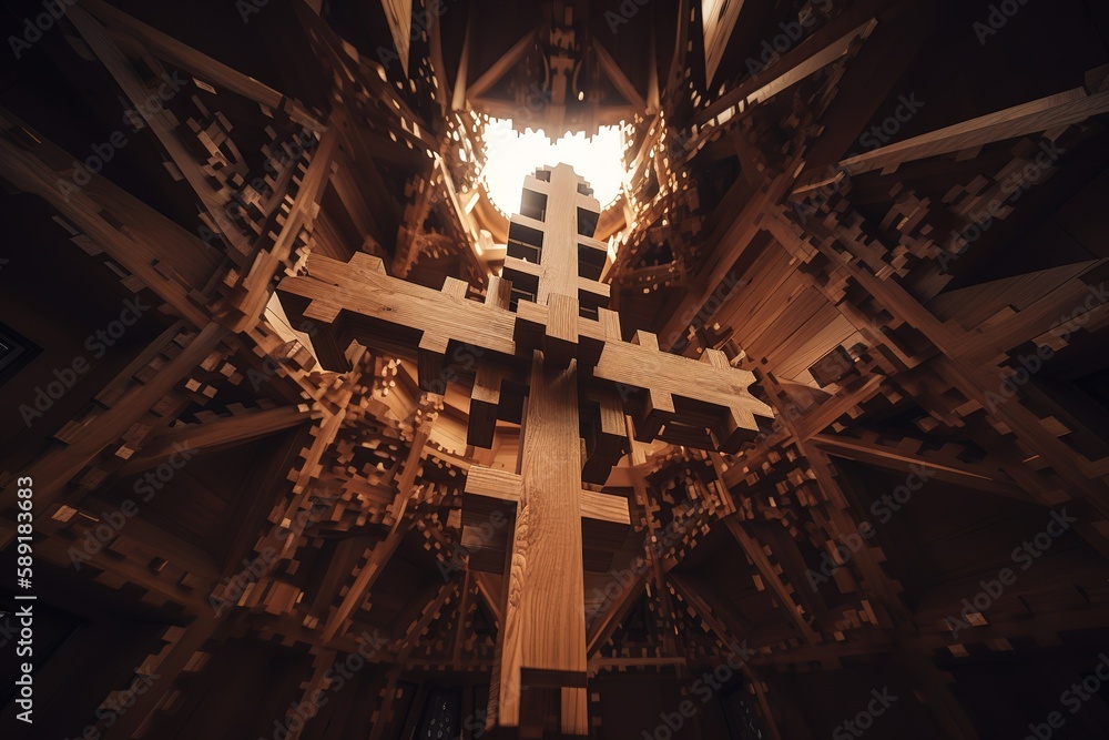 Low Angle View Of Wooden Cross With Crown Against Ceiling, Generative AI