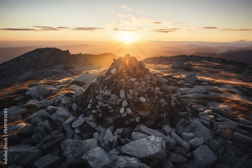 Obraz premium Stone heap on summit of Veinestind at sunset, Generative AI