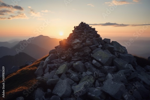 Stone heap on summit of Veinestind at sunset, Generative AI