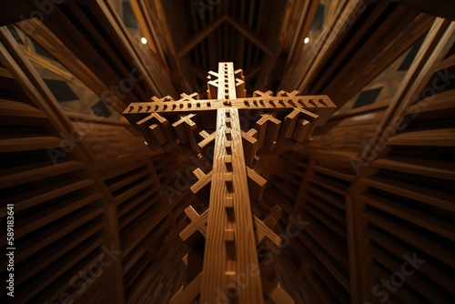 Low Angle View Of Wooden Cross With Crown Against Ceiling, Generative AI