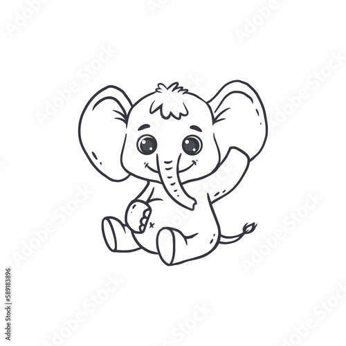 Funny cartoon baby elephant.Black and white vector illustration for a coloring book.Vector illustration