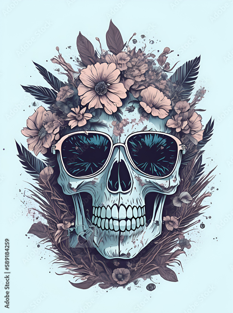 Fototapeta premium Dead Skull wearing trendy sunglasses. AI generated illustration