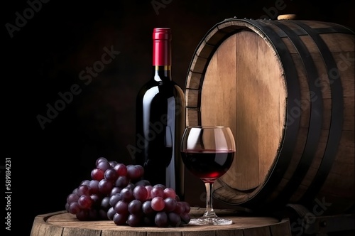 A bottle of red wine is placed on an old wine barrel with a glass with brown light and a dark backdrop. AI-generated images