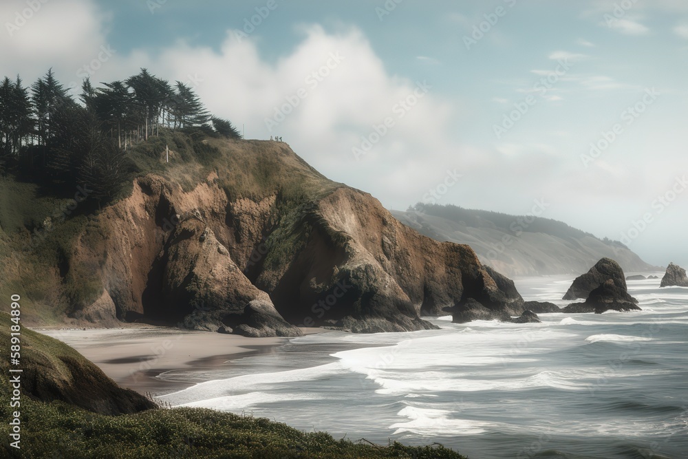 Oregon Coast Nature landscape rugged shoreline hill at Cannon Beach, Generative AI