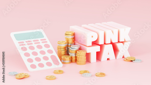 Pink Tax inscription, calculator and coins on a pink background. Concept of price gender discrimination. 3d rendering illustration.