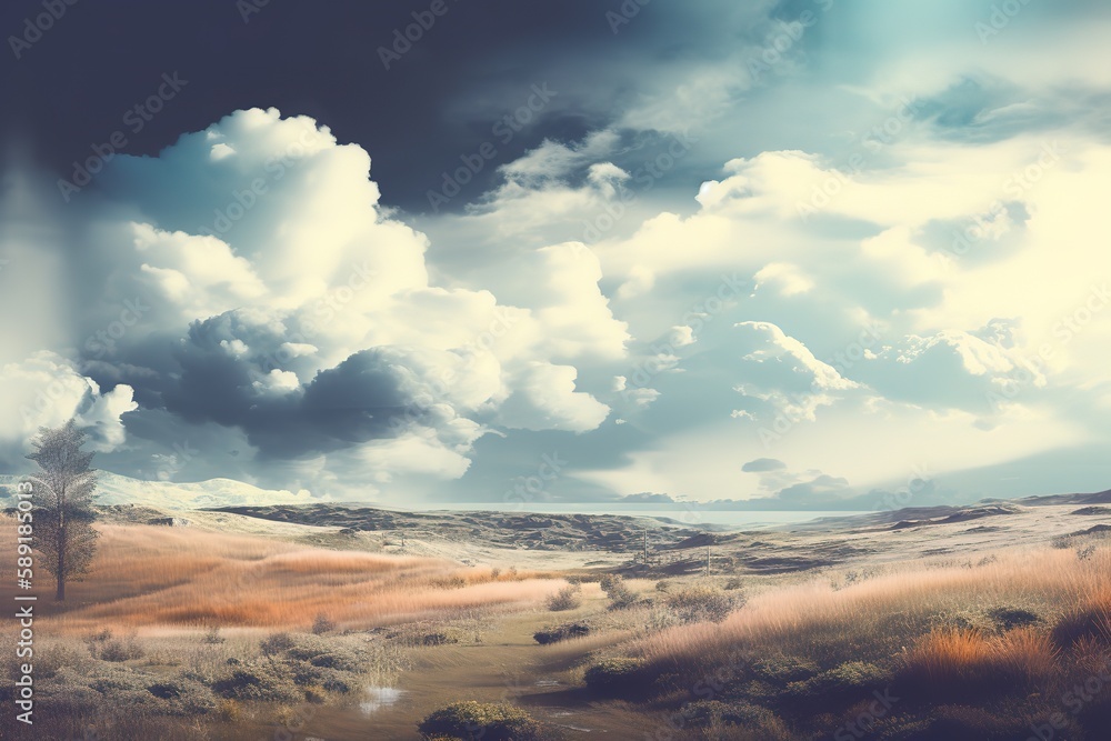Tranquil view of landscape against stormy clouds, Generative AI