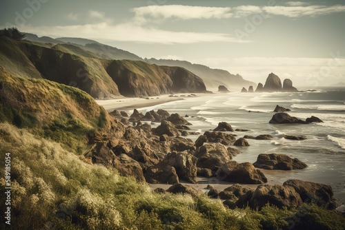 Oregon Coast Nature landscape rugged shoreline hill at Cannon Beach, Generative AI