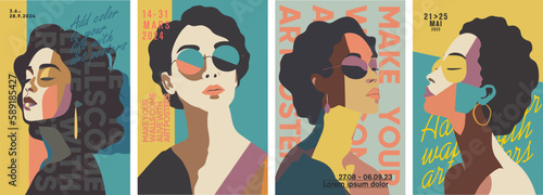 Girl in glasses. Minimalistic vector portraits. Fine Art. Set of vector illustration.