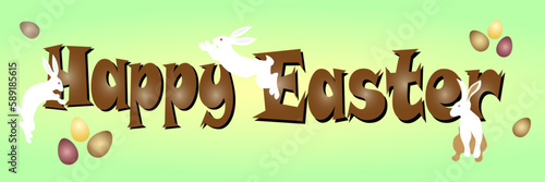 Easter poster and banner template with Easter eggs and cute white rabbits. Place for your text. Modern concept of light green background.