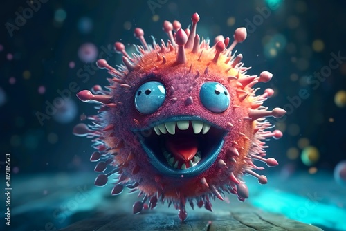 Fantasy illustration of virus character with happy face. Coronavirus monster. ai generated.