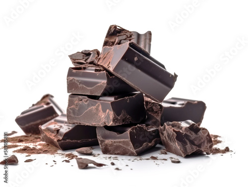 Pieces of dark chocolate isolated on white background.