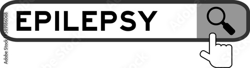 Search banner in word epilepsy with hand over magnifier icon on white background